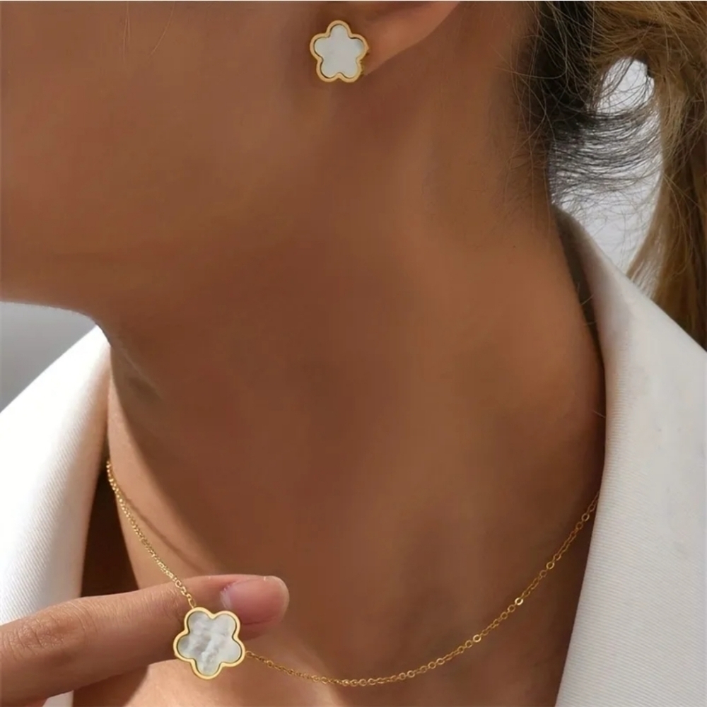 Earrings and Necklace Set white Flower Mother of Pearl Design stainless steel